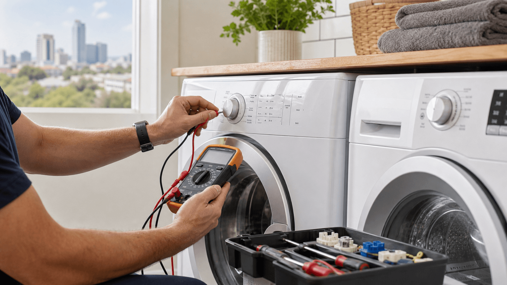 Technician using a multimeter while diagnosing a washer and dryer